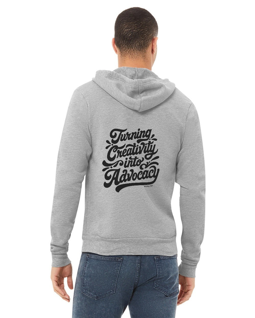 Athletic Heather Hopelynd Advocacy Zip Hoodie with black print, back