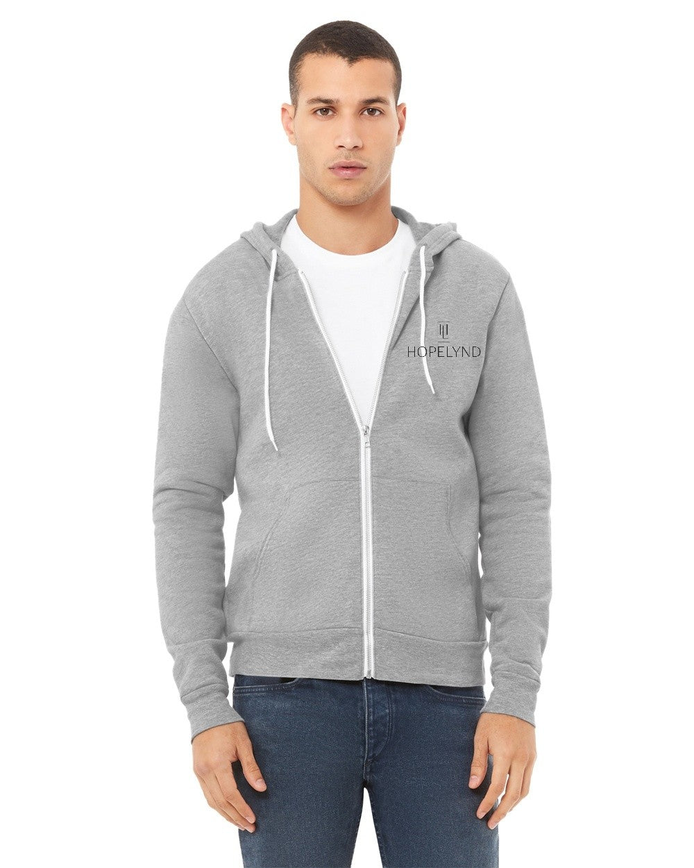 Athletic Heather Hopelynd Advocacy Zip Hoodie with black print, front