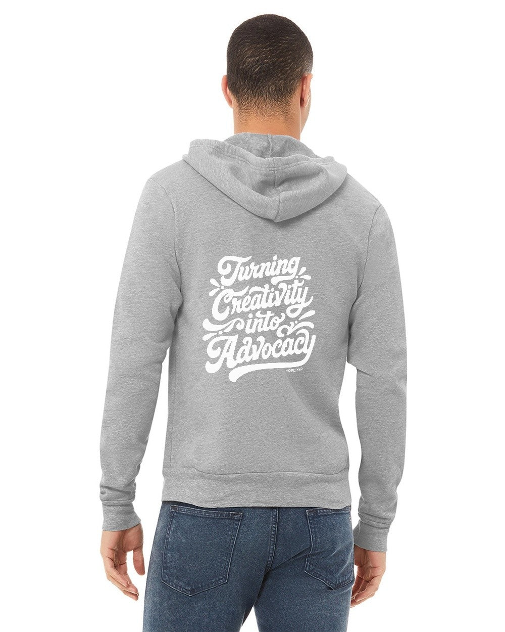 Athletic Heather Hopelynd Advocacy Zip Hoodie with white print, back