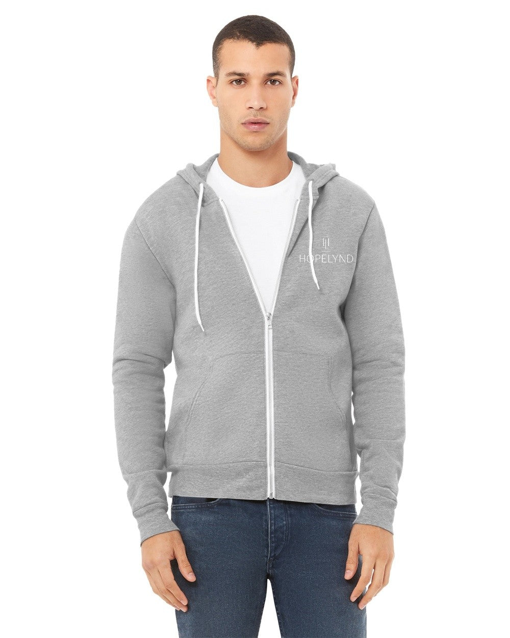 Athletic Heather Hopelynd Advocacy Zip Hoodie with white print, front