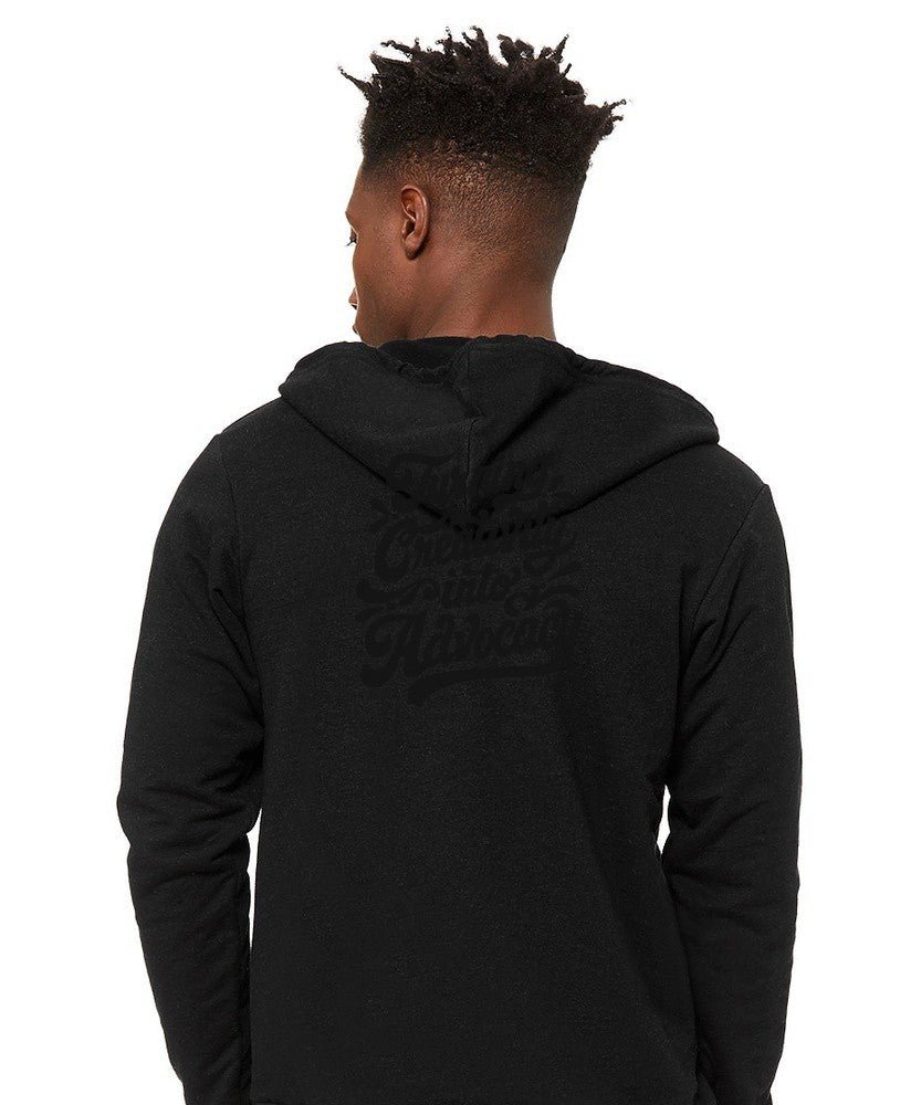 Black Hopelynd Advocacy Zip Hoodie with black print, back