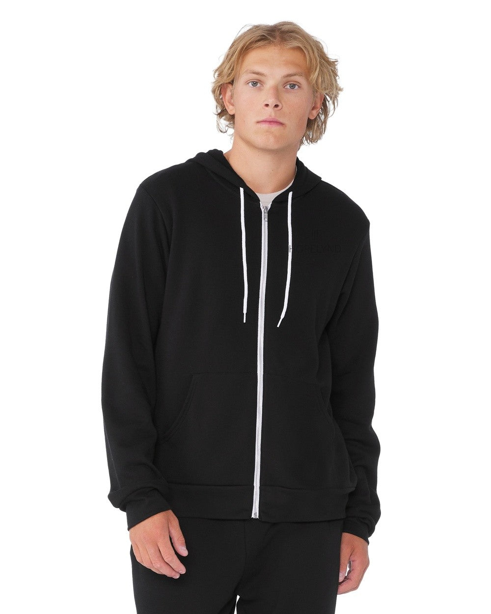 Black Hopelynd Advocacy Zip Hoodie with black print, front