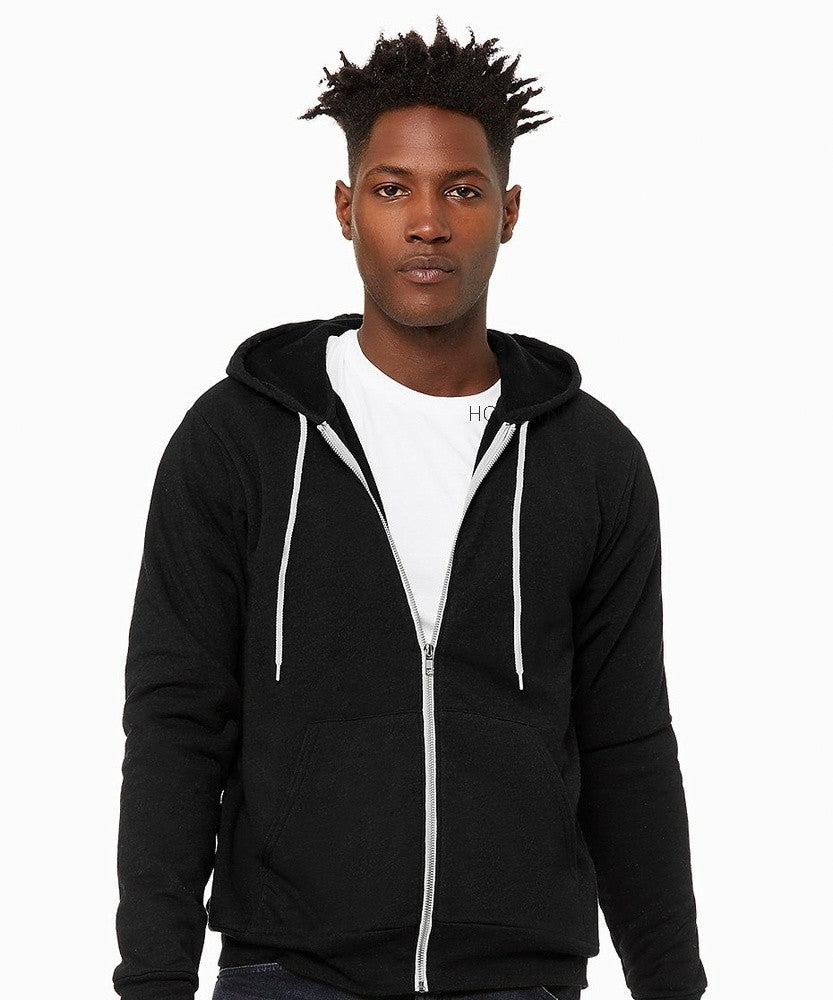 Black Heather Hopelynd Advocacy Zip Hoodie with black print, front