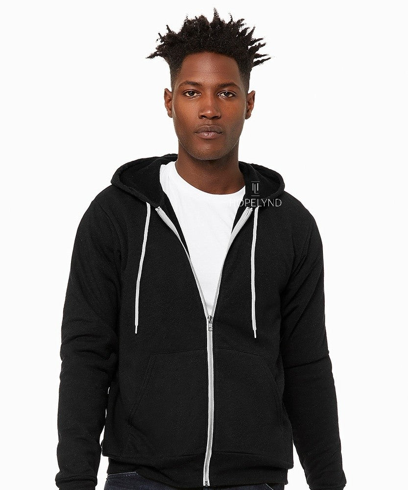 Black Heather Hopelynd Advocacy Zip Hoodie with white print, front