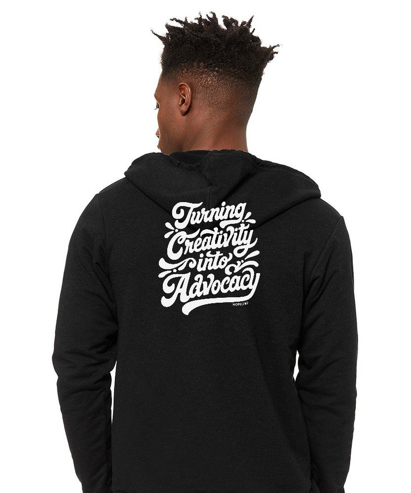 Black Hopelynd Advocacy Zip Hoodie with white print, back