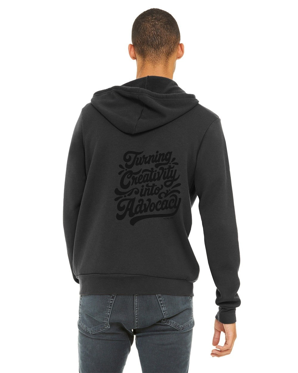 Dark Grey Hopelynd Advocacy Zip Hoodie with black print, back