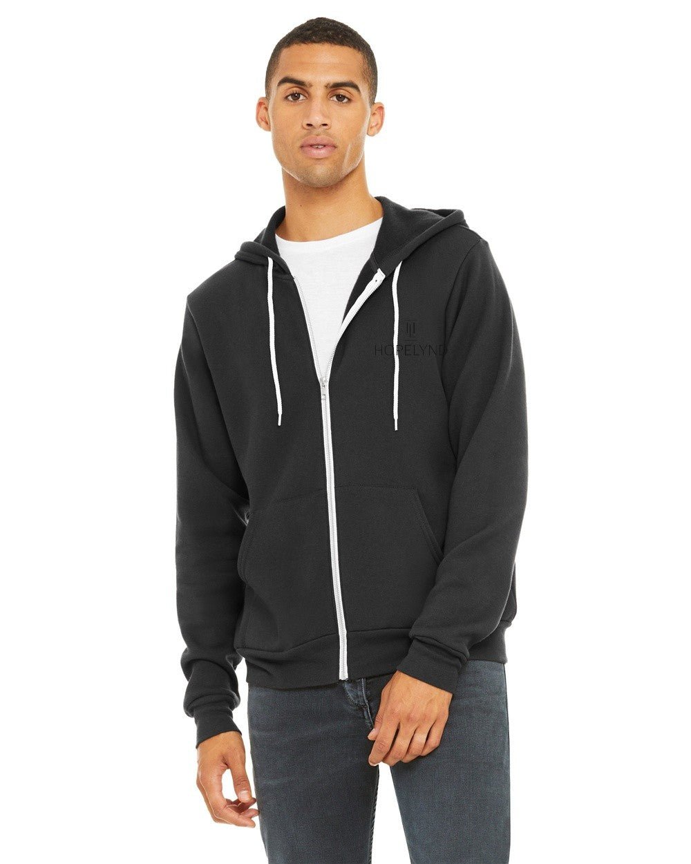 Dark Grey Hopelynd Advocacy Zip Hoodie with black print, front