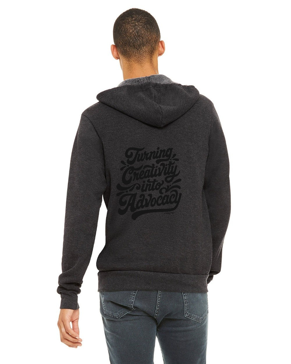 Dark Grey Heather Hopelynd Advocacy Zip Hoodie with black print, back