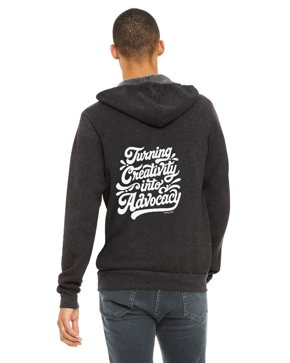 Dark Grey Heather Hopelynd Advocacy Zip Hoodie with white print, back