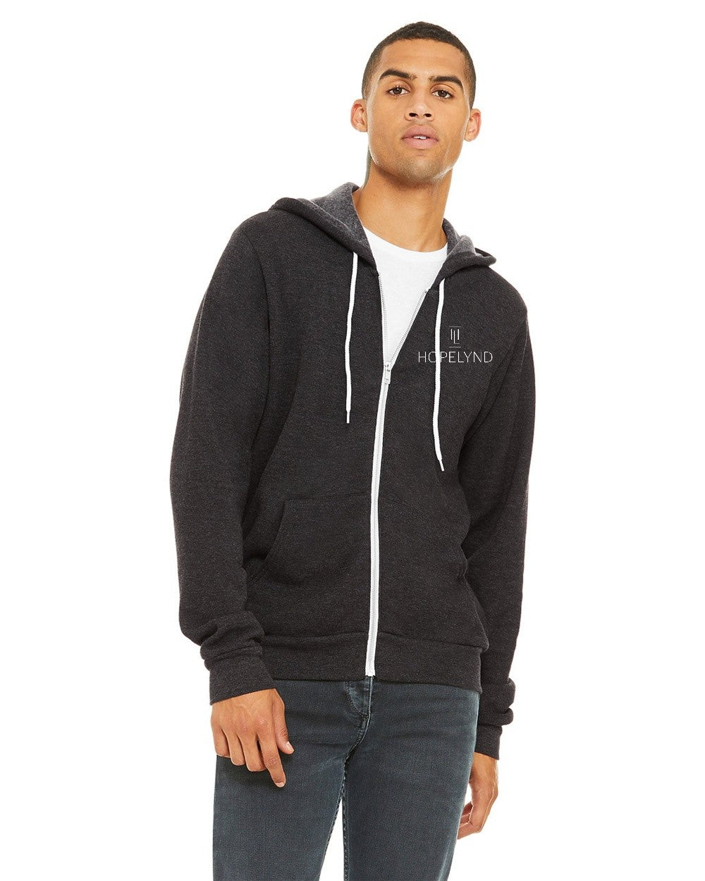 Dark Grey Heather Hopelynd Advocacy Zip Hoodie with white print, front