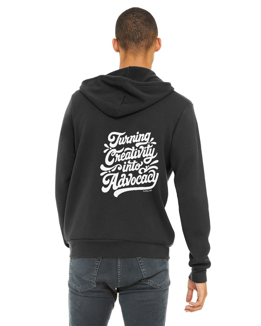 Dark Grey Hopelynd Advocacy Zip Hoodie with white print, back