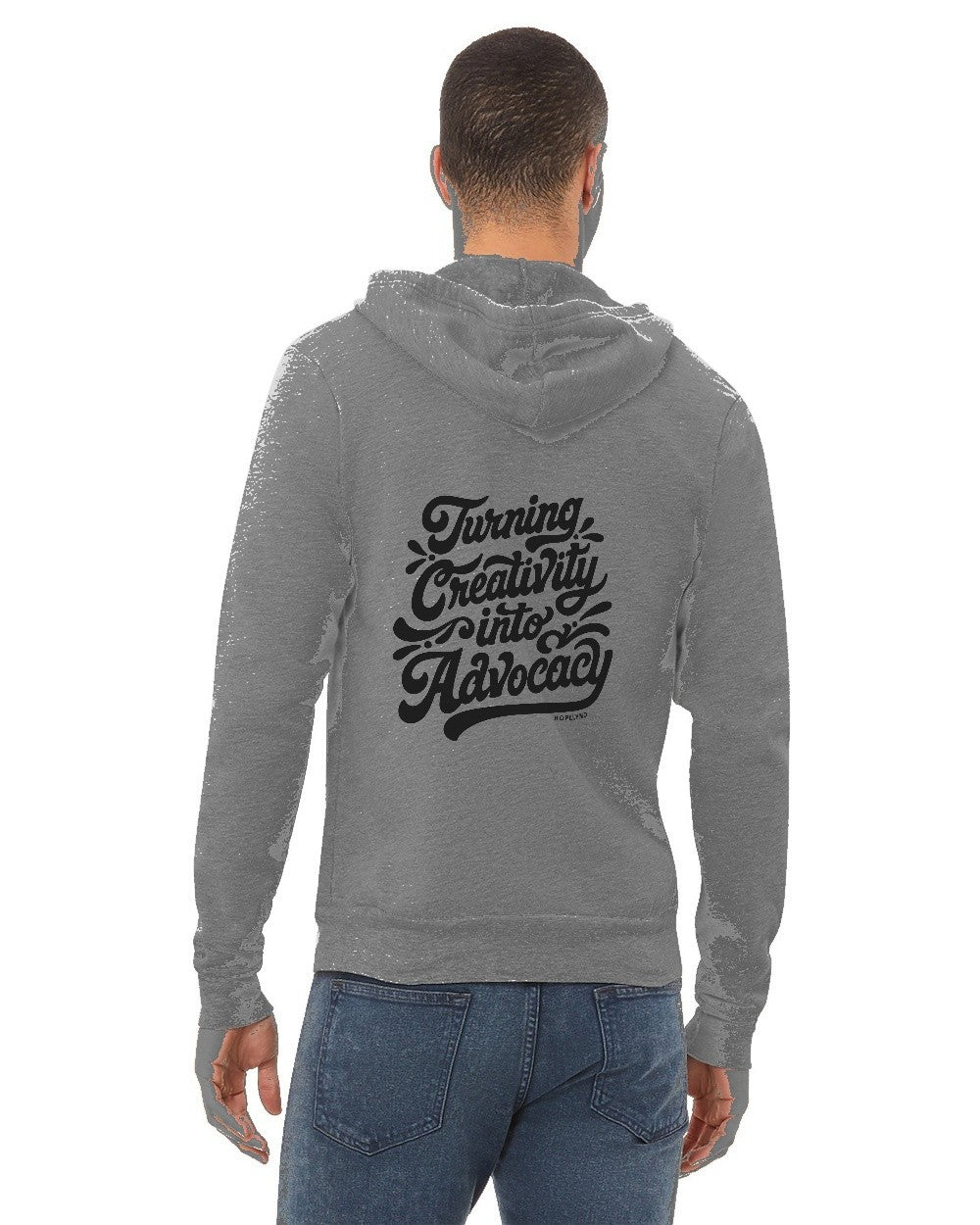 Deep Heather Hopelynd Advocacy Zip Hoodie with black print, back