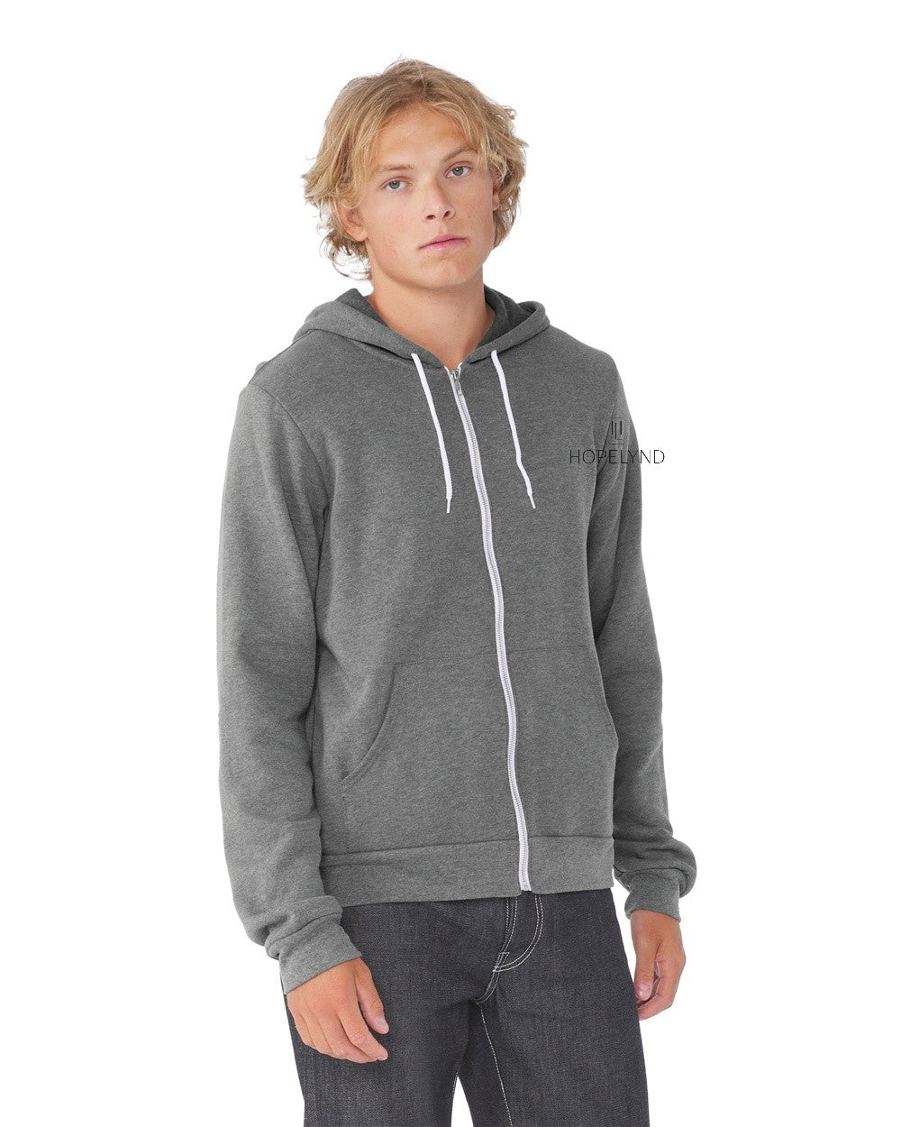 Deep Heather Hopelynd Advocacy Zip Hoodie with black print, front