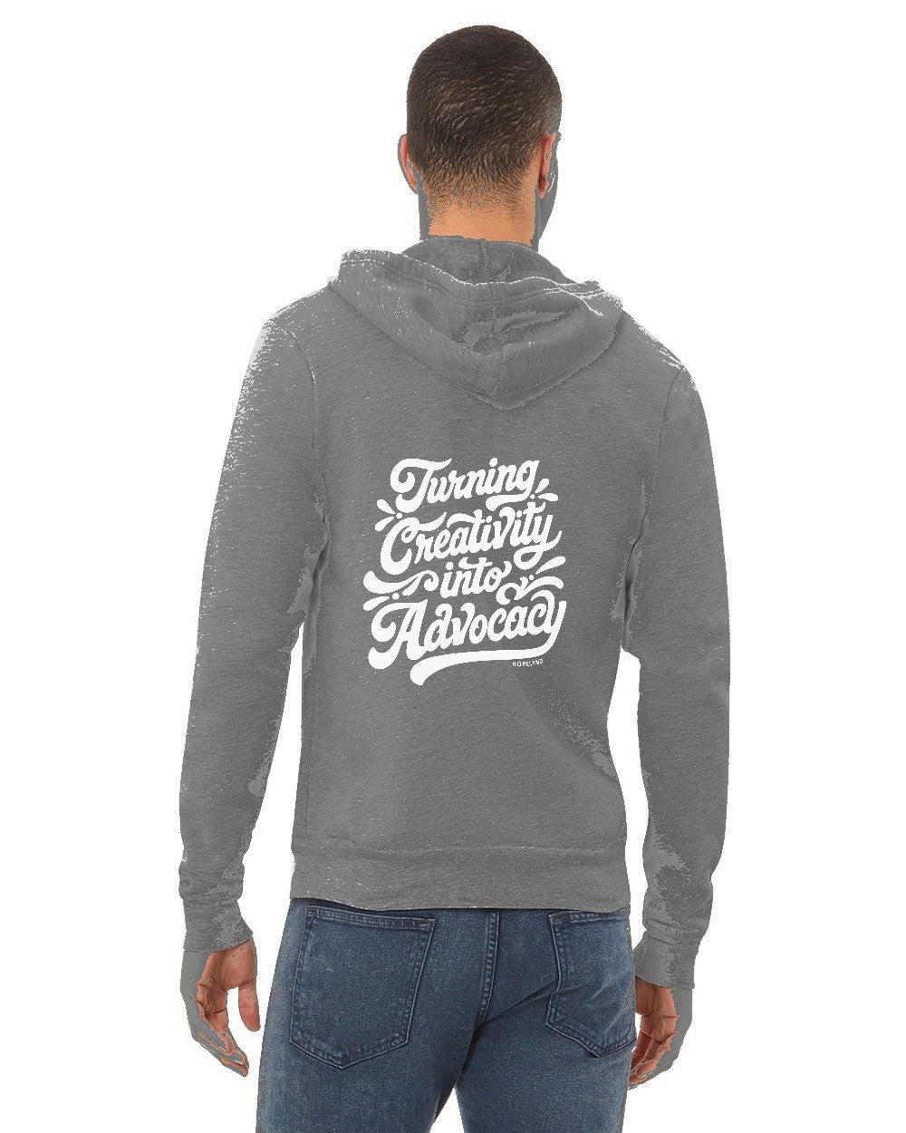 Deep Heather Hopelynd Advocacy Zip Hoodie with white print, back