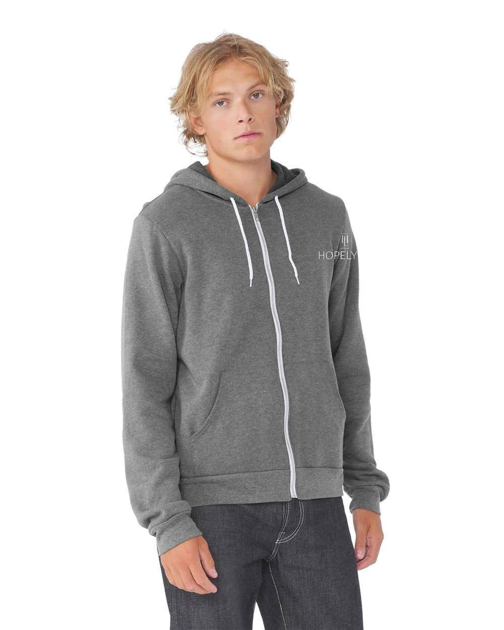Deep Heather Hopelynd Advocacy Zip Hoodie with white print, front