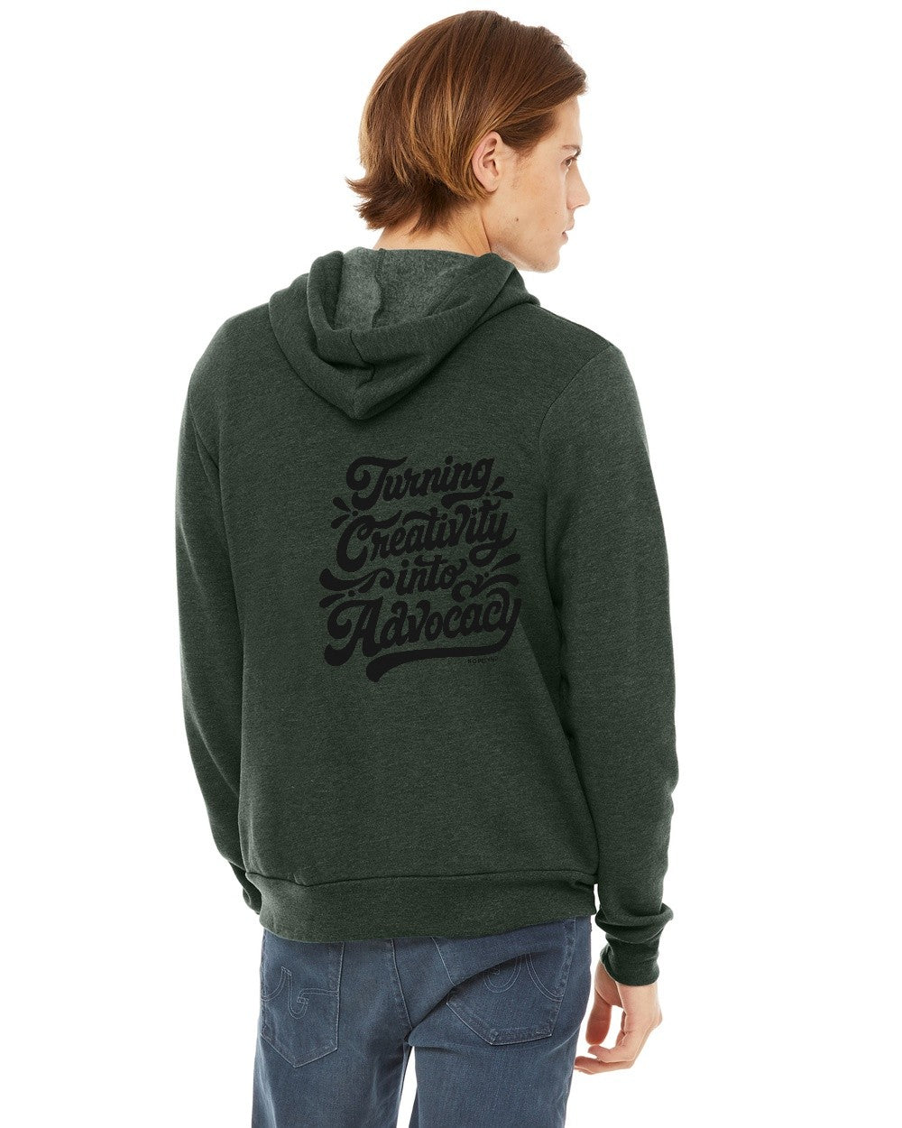 Heather Forest Hopelynd Advocacy Zip Hoodie with black print, back