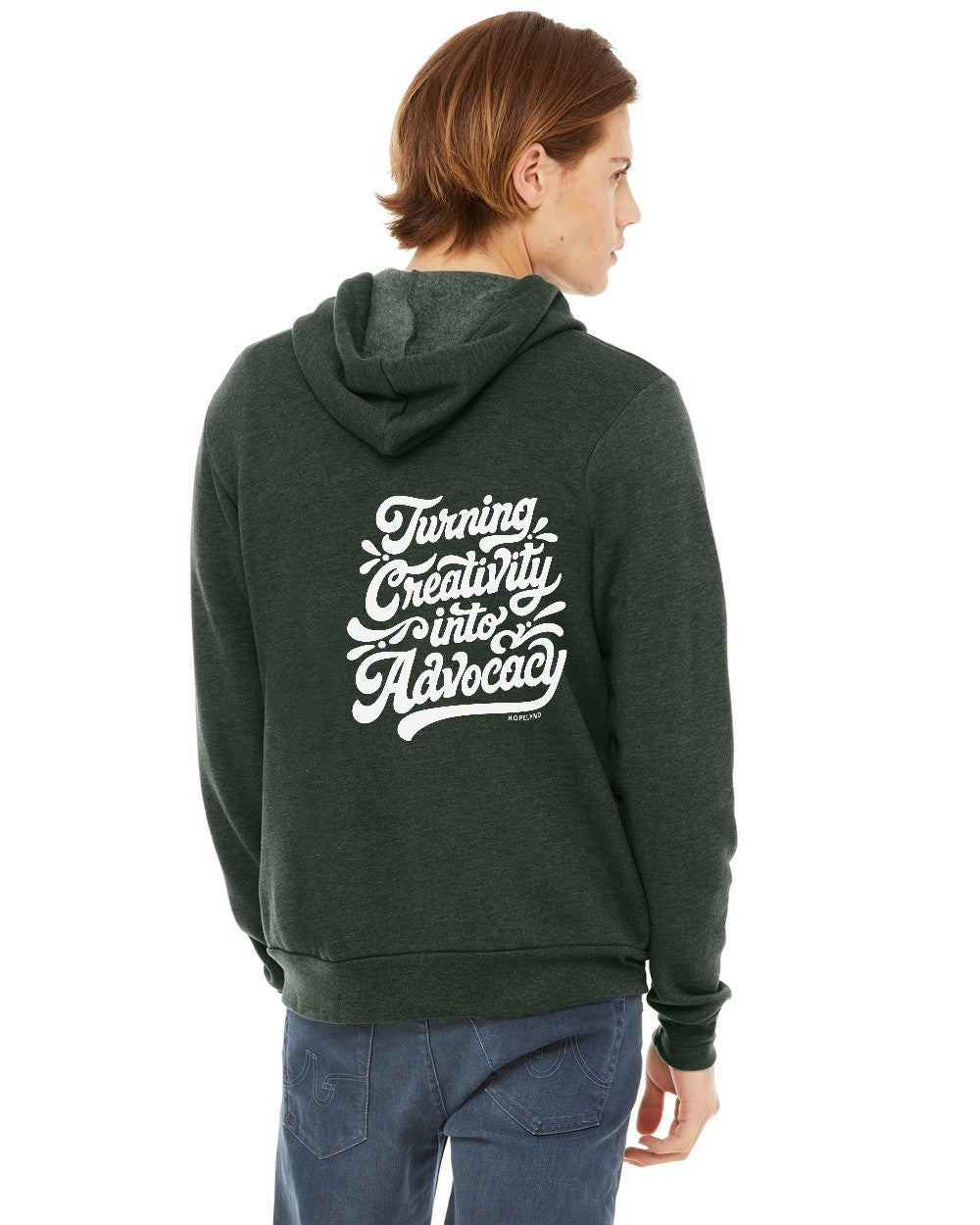 Heather Forest Hopelynd Advocacy Zip Hoodie with white print, back