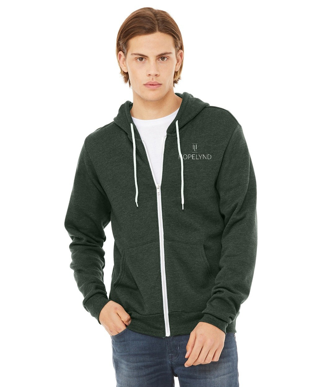Heather Forest Hopelynd Advocacy Zip Hoodie with white print, front