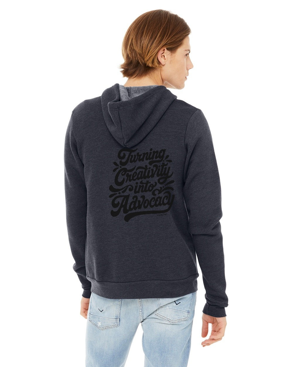 Heather Navy Hopelynd Advocacy Zip Hoodie with black print, back