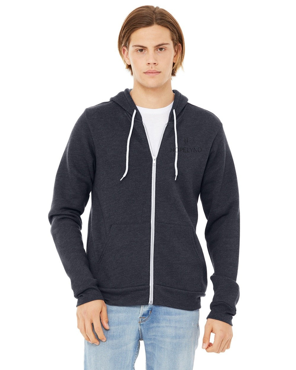 Heather Navy Hopelynd Advocacy Zip Hoodie with black print, front
