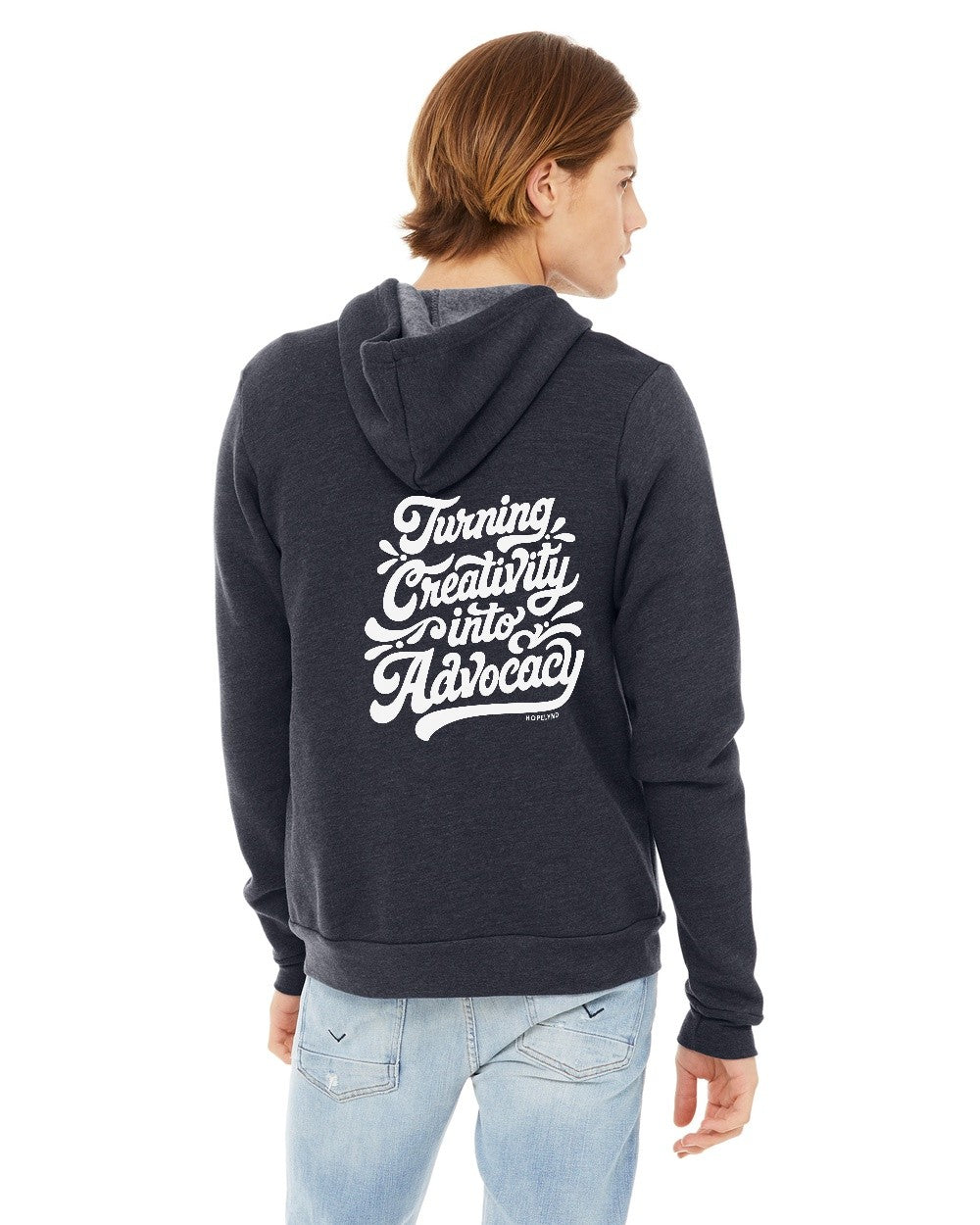Heather Navy Hopelynd Advocacy Zip Hoodie with white print, back