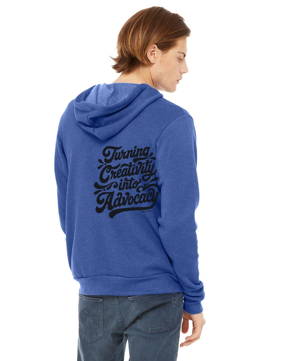 Heather True Royal Hopelynd Advocacy Zip Hoodie with black print, back