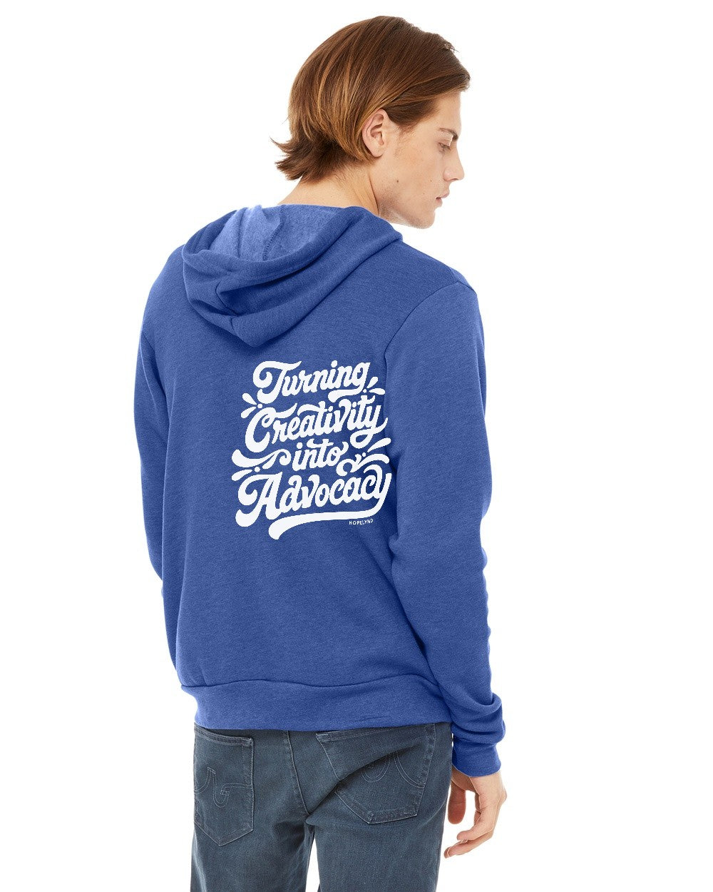Heather True Royal Hopelynd Advocacy Zip Hoodie with white print, back