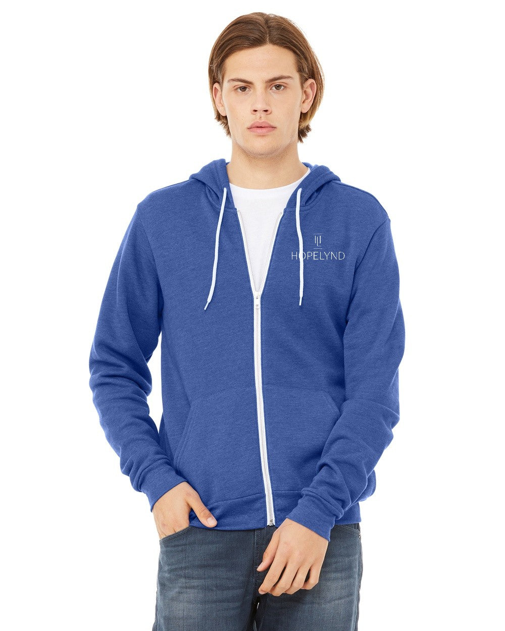 Heather True Royal Hopelynd Advocacy Zip Hoodie with white print, front