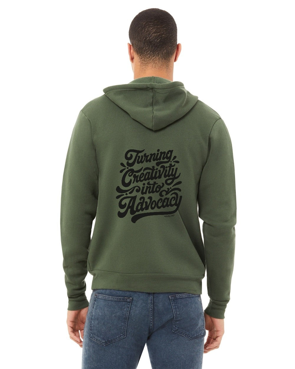 Military Green Hopelynd Advocacy Zip Hoodie with black print, back