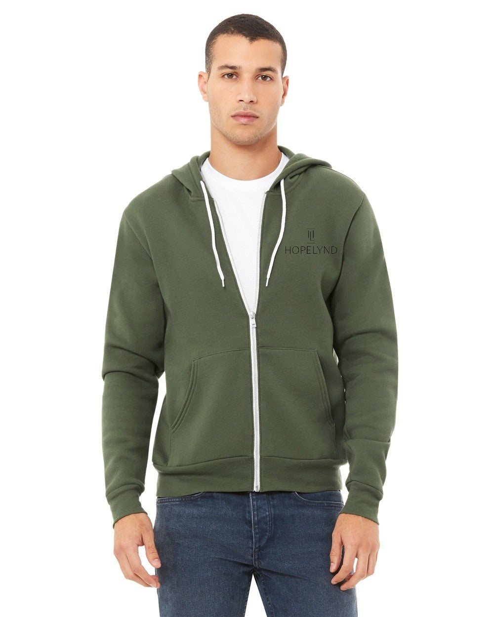 Military Green Hopelynd Advocacy Zip Hoodie with black print, front