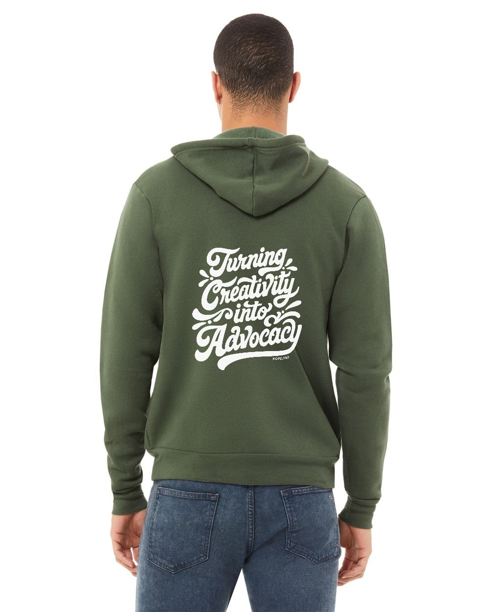 Military Green Hopelynd Advocacy Zip Hoodie with white print, back