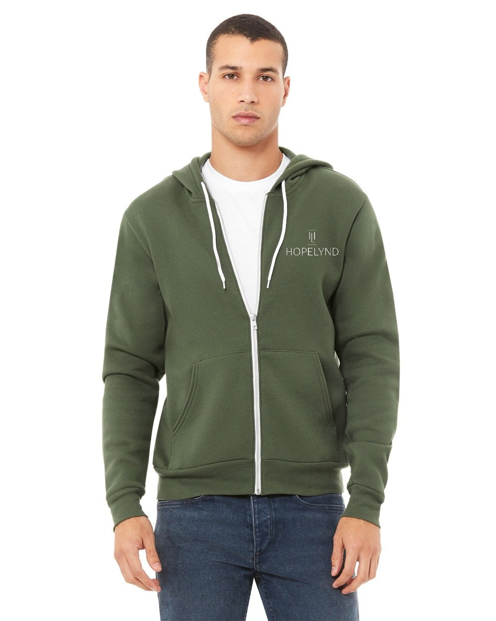 Military Green Hopelynd Advocacy Zip Hoodie with white print, front