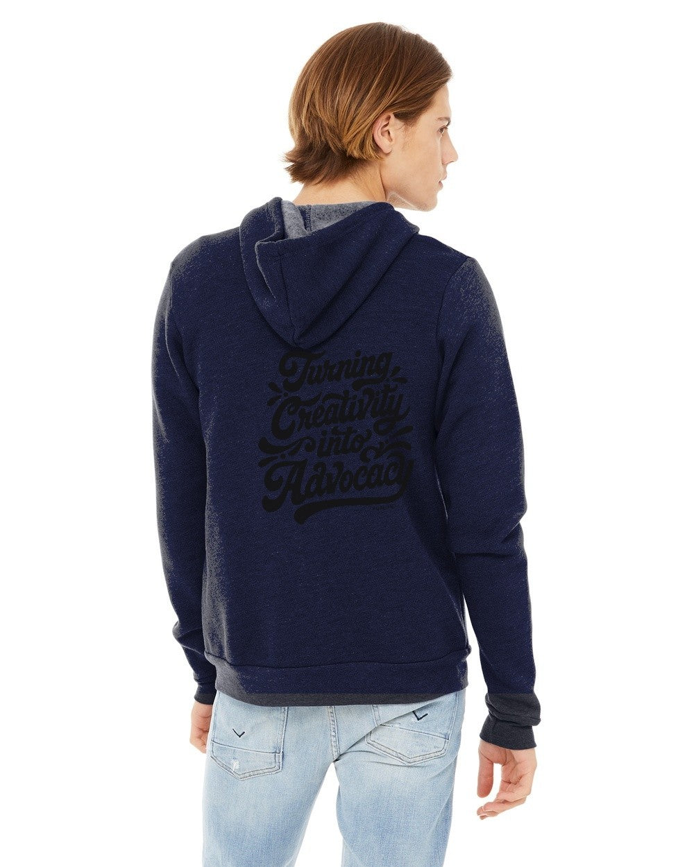 Navy Hopelynd Advocacy Zip Hoodie with black print, back