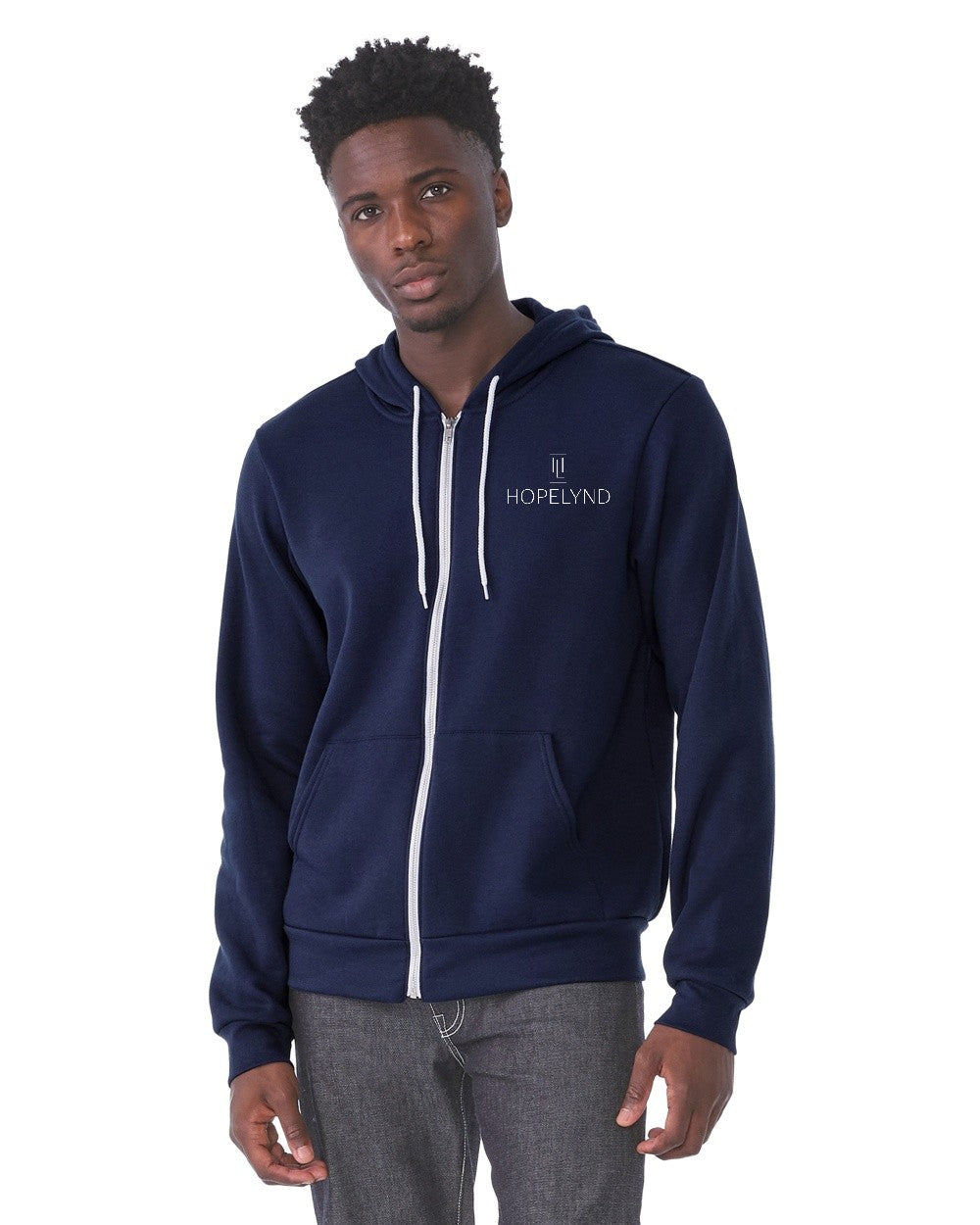 Navy Hopelynd Advocacy Zip Hoodie with white print, front