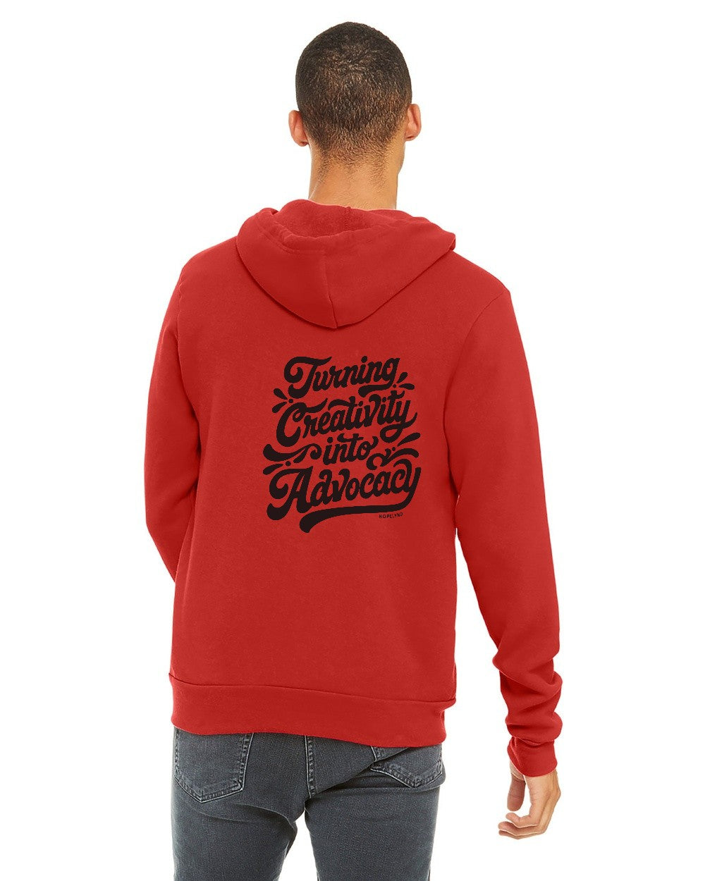 Red Hopelynd Advocacy Zip Hoodie with black print, back