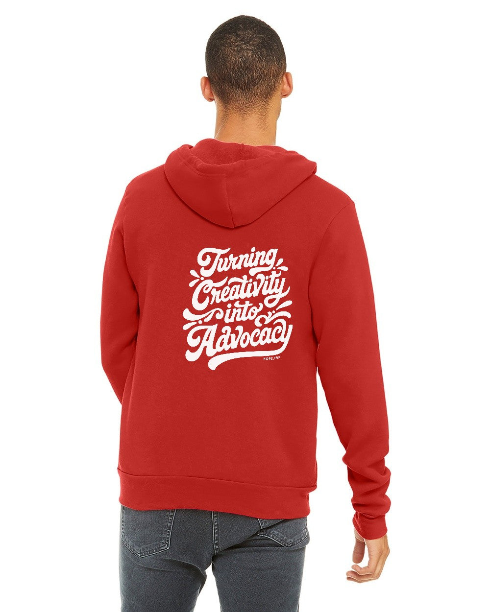 Red Hopelynd Advocacy Zip Hoodie with white print, back