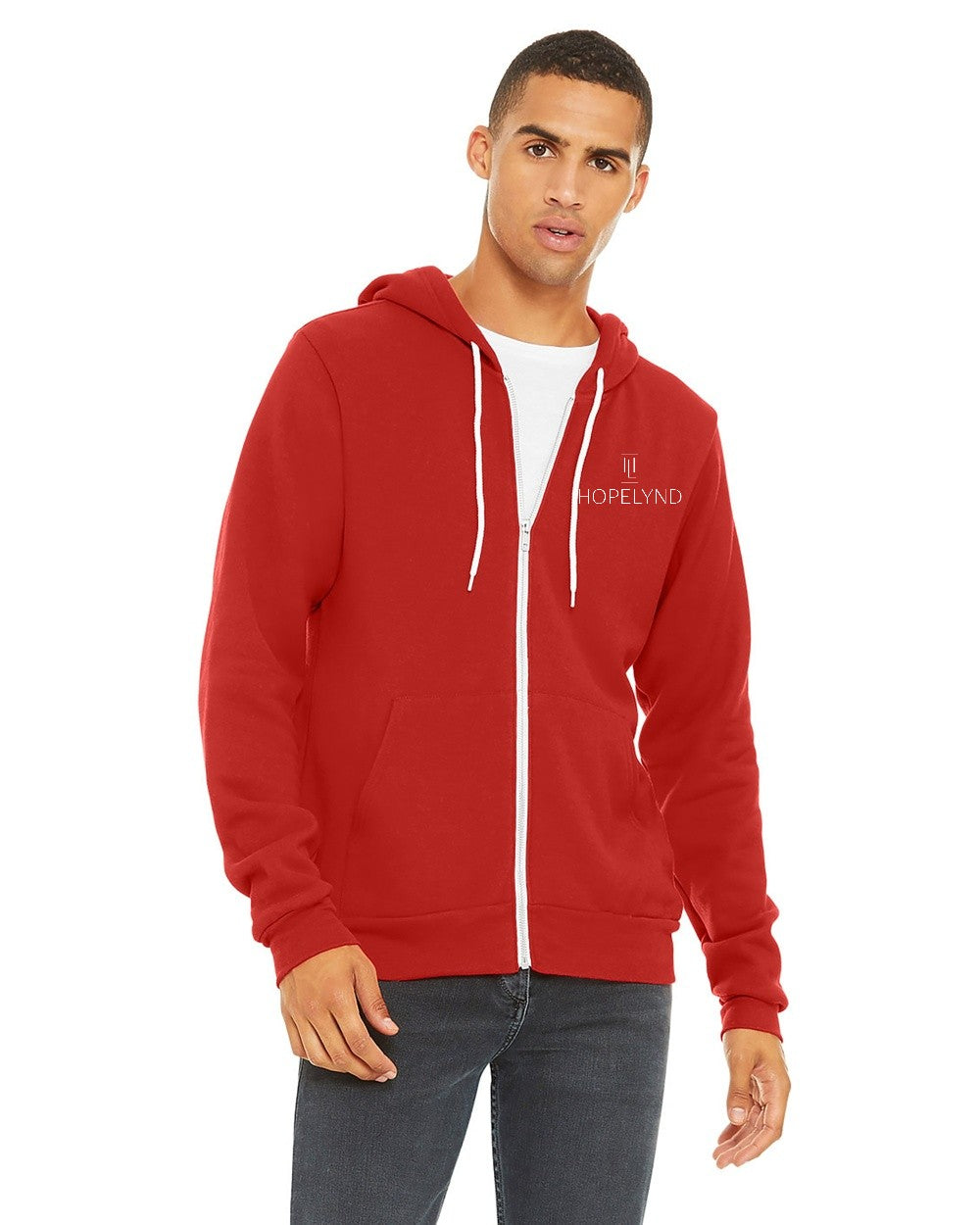 Red Hopelynd Advocacy Zip Hoodie with white print, front