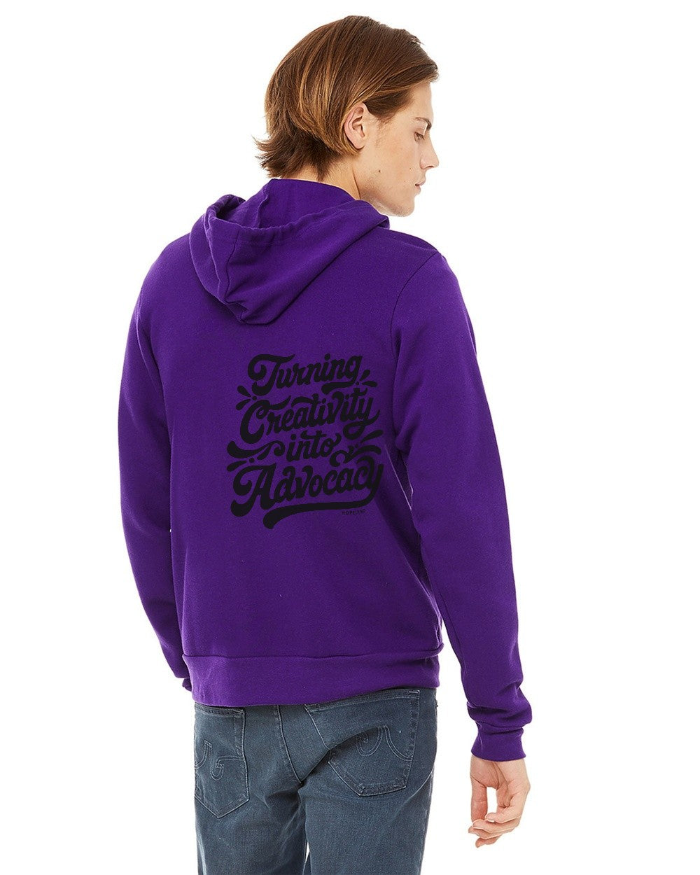 Team Purple Hopelynd Advocacy Zip Hoodie with black print, back