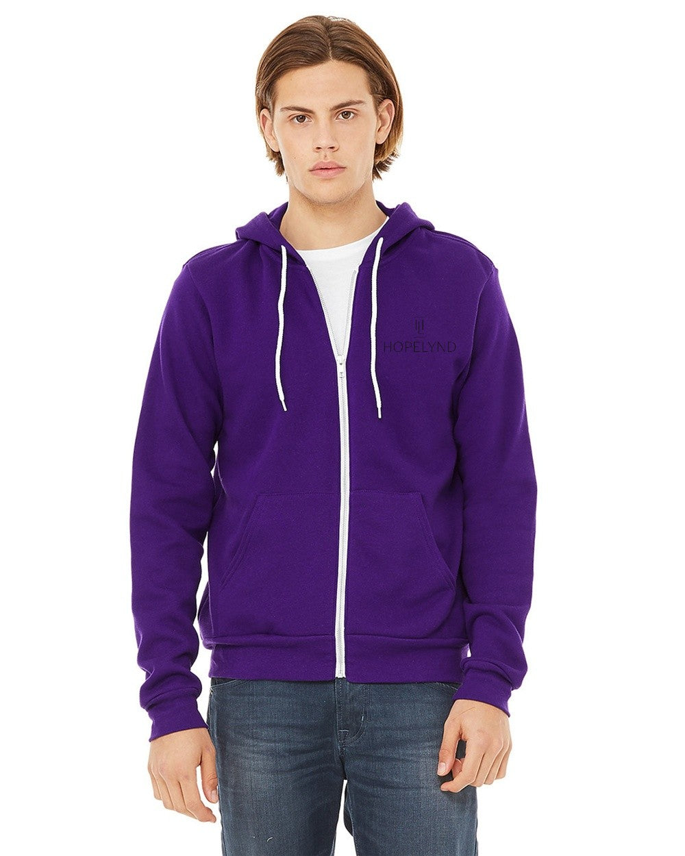 Team Purple Hopelynd Advocacy Zip Hoodie with black print, front
