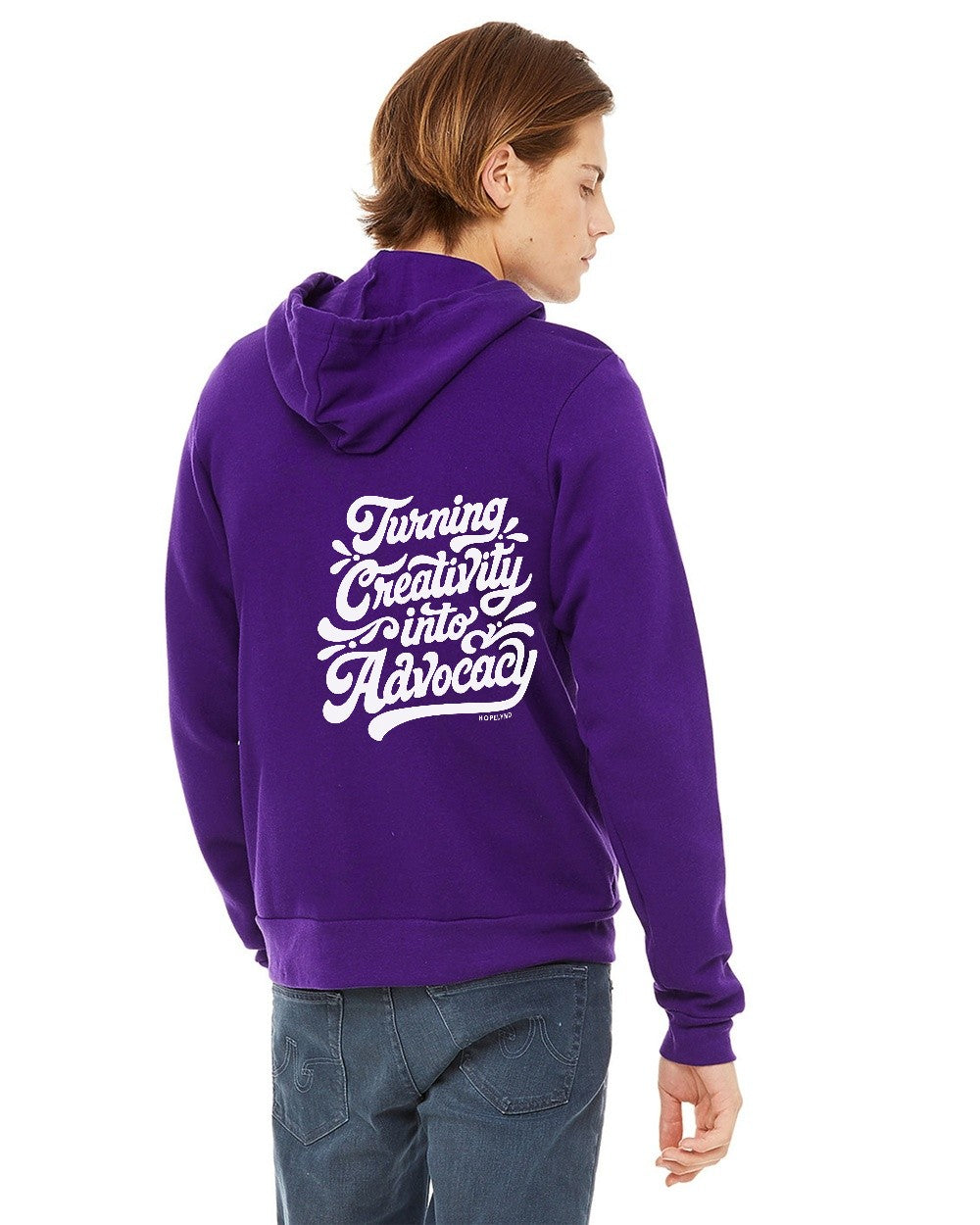 Team Purple Hopelynd Advocacy Zip Hoodie with white print, back