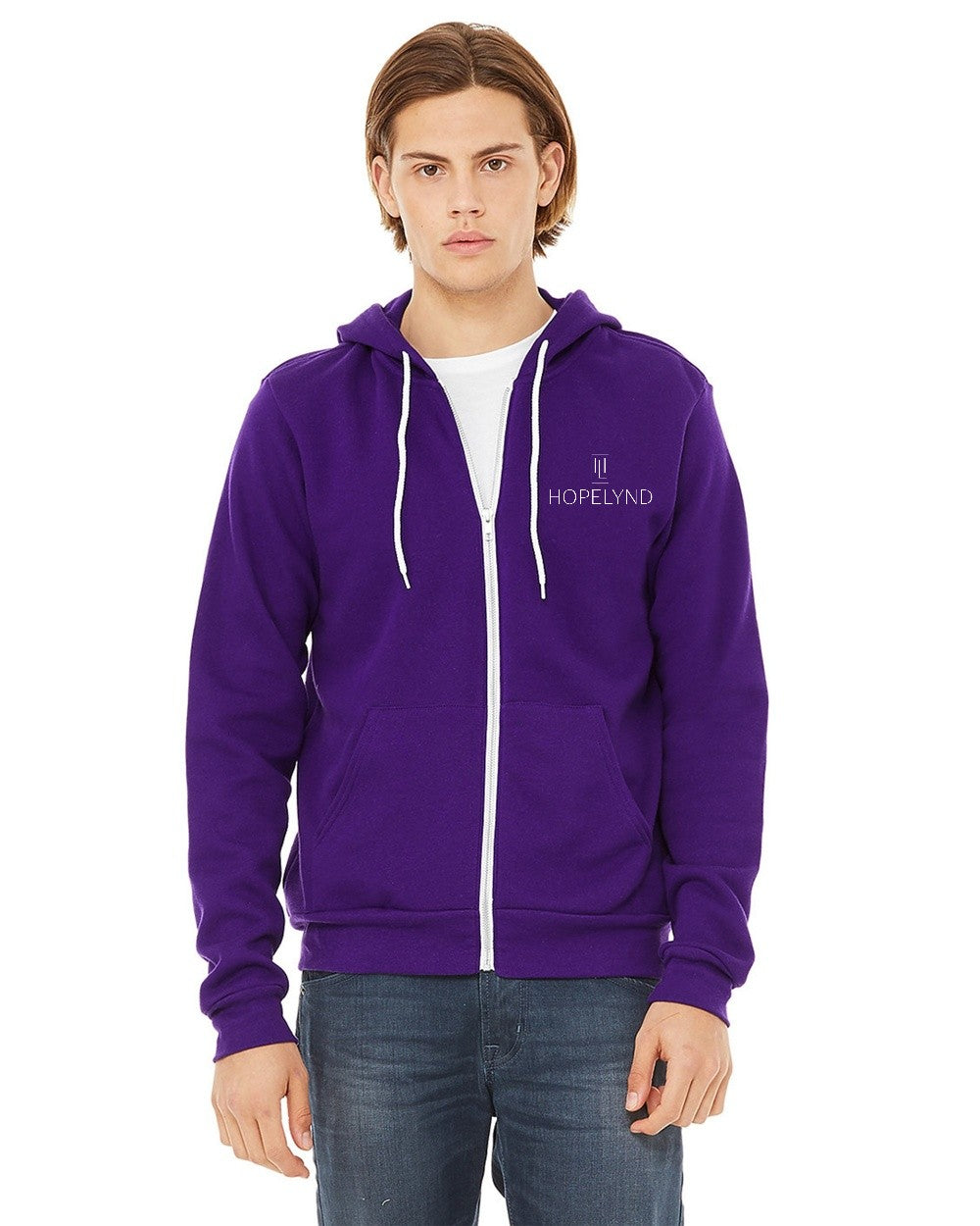 Team Purple Hopelynd Advocacy Zip Hoodie with white print, front