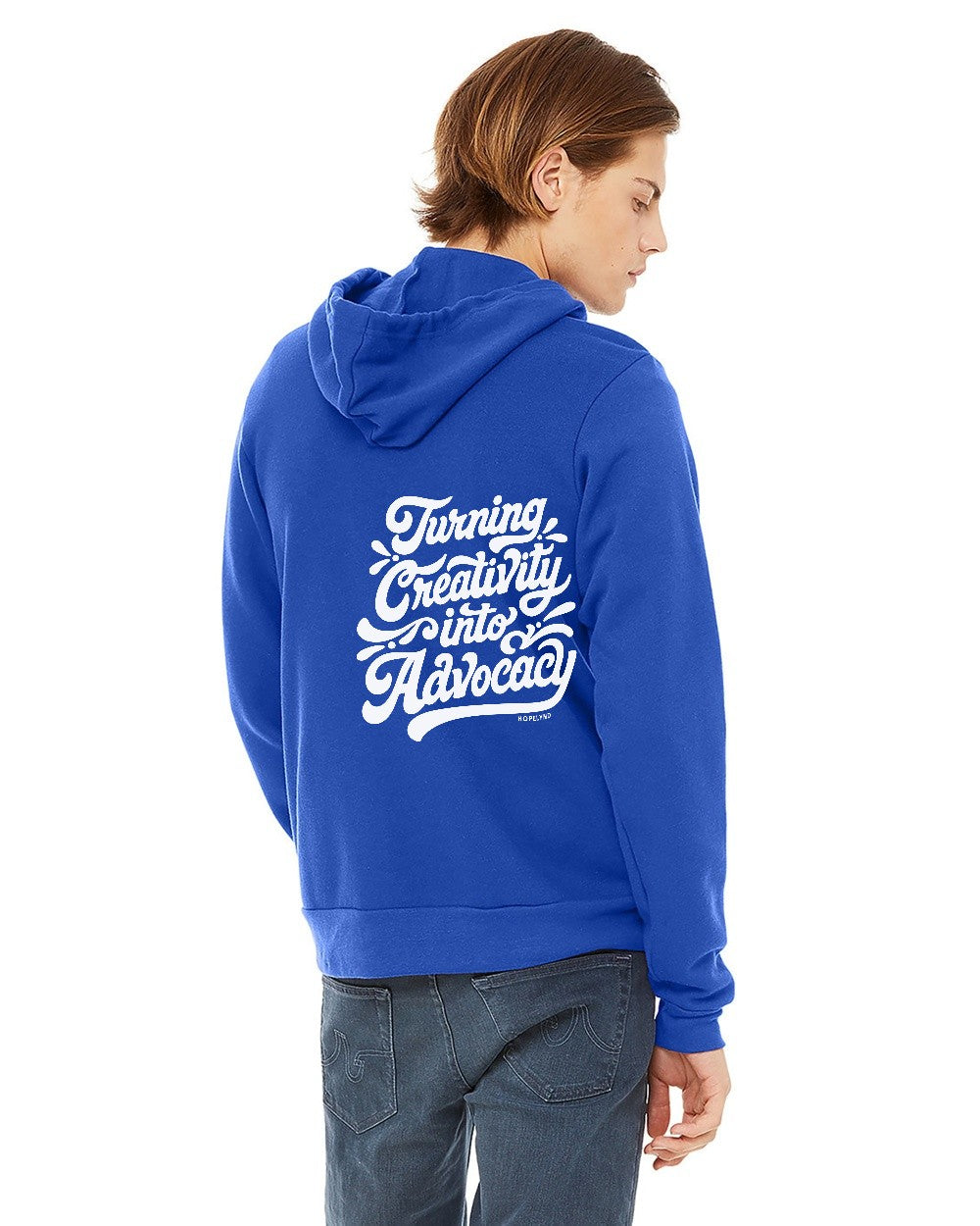 True Royal Hopelynd Advocacy Zip Hoodie with white print, back