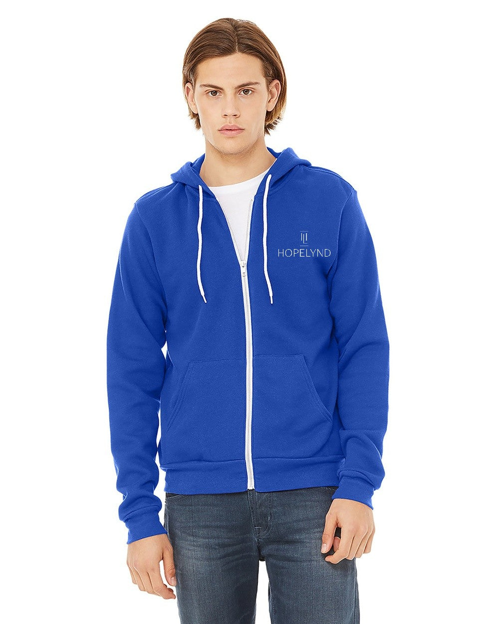 True Royal Hopelynd Advocacy Zip Hoodie with white print, front