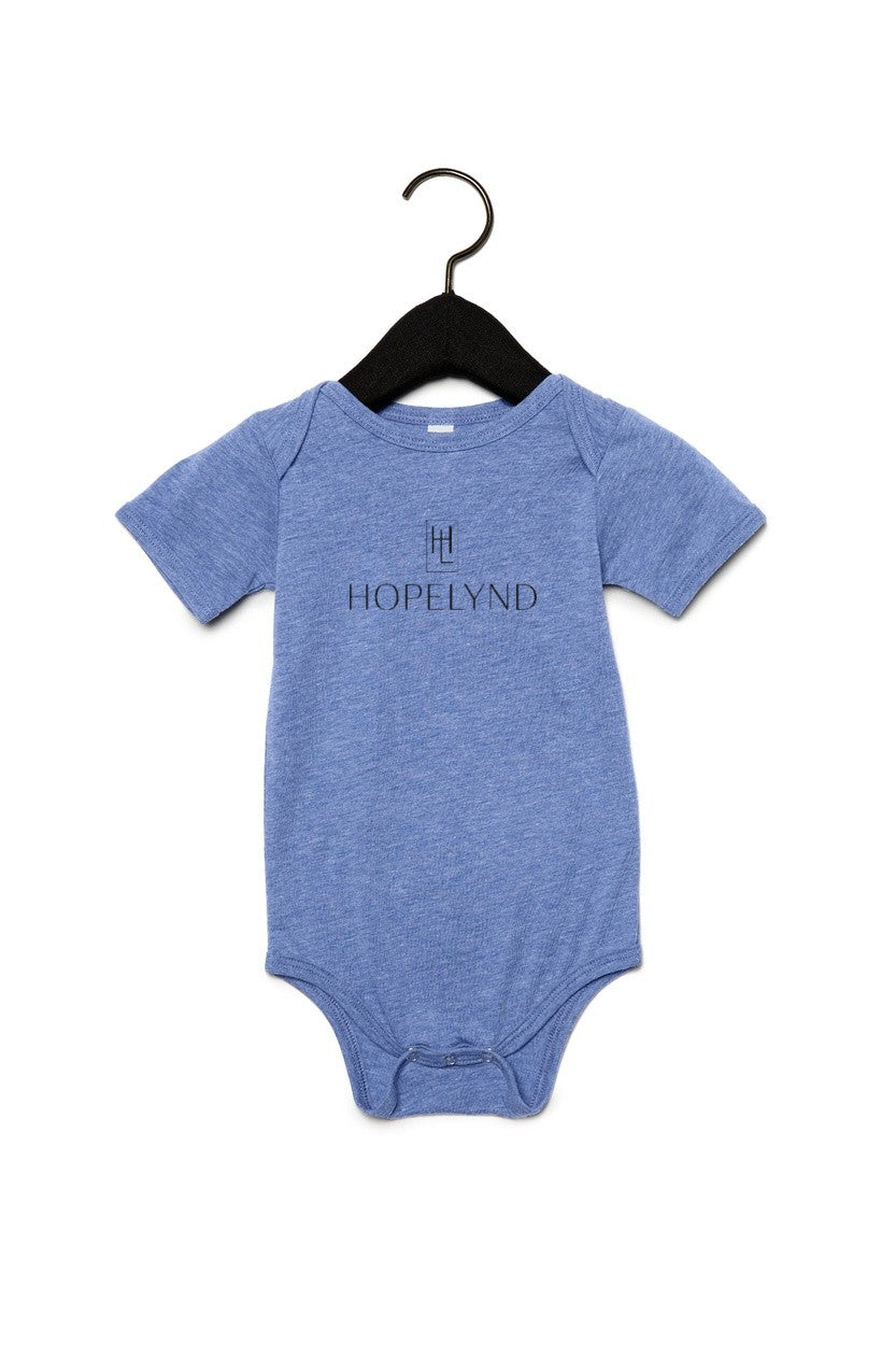 Blue Triblend Hopelynd Logo Infant One-Piece with black logo