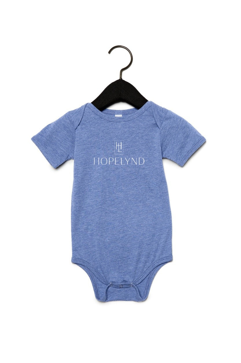 Blue Triblend Hopelynd Logo Infant One-Piece with white logo