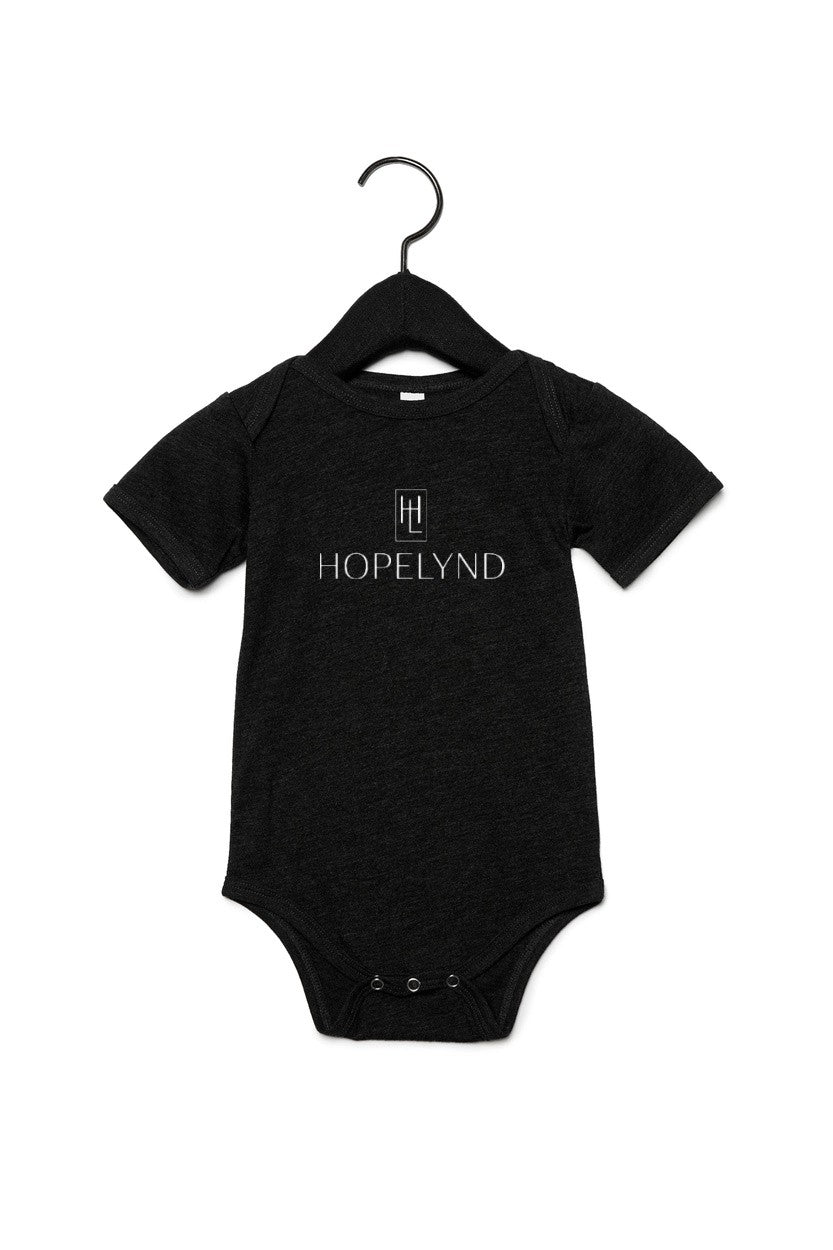 Charcoal-Black Triblend Hopelynd Logo Infant One-Piece with white logo