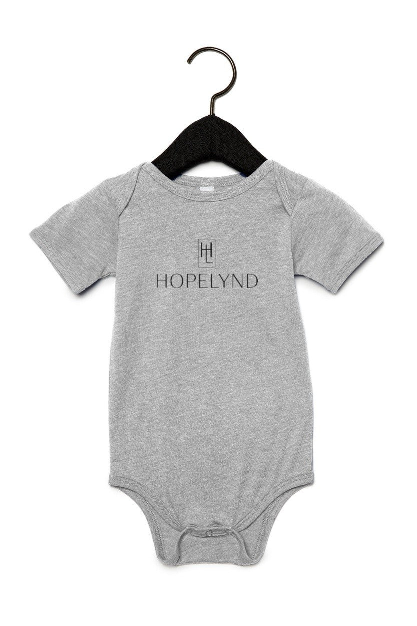 Grey Triblend Hopelynd Logo Infant One-Piece with black logo