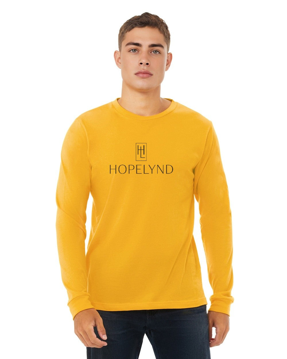 Gold Hopelynd Logo Long Sleeve Tee with black logo