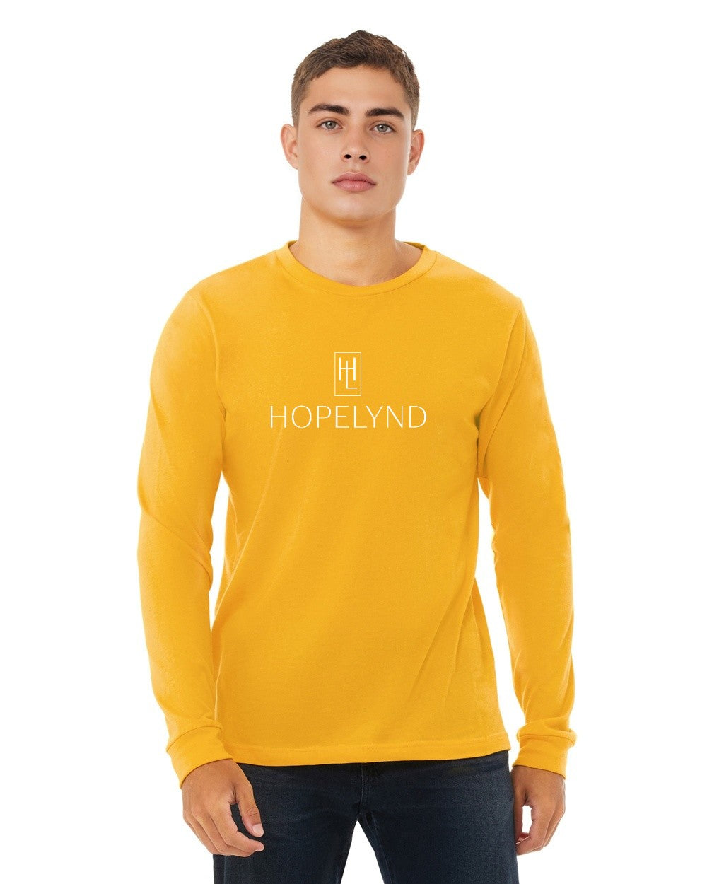 Gold Hopelynd Logo Long Sleeve Tee with white logo