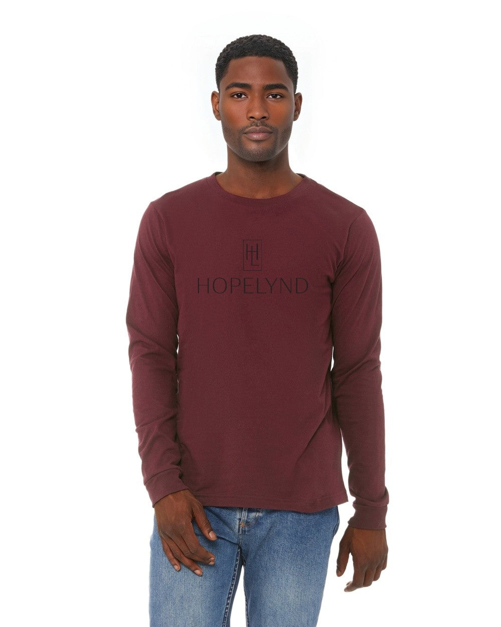 Maroon Hopelynd Logo Long Sleeve Tee with black logo